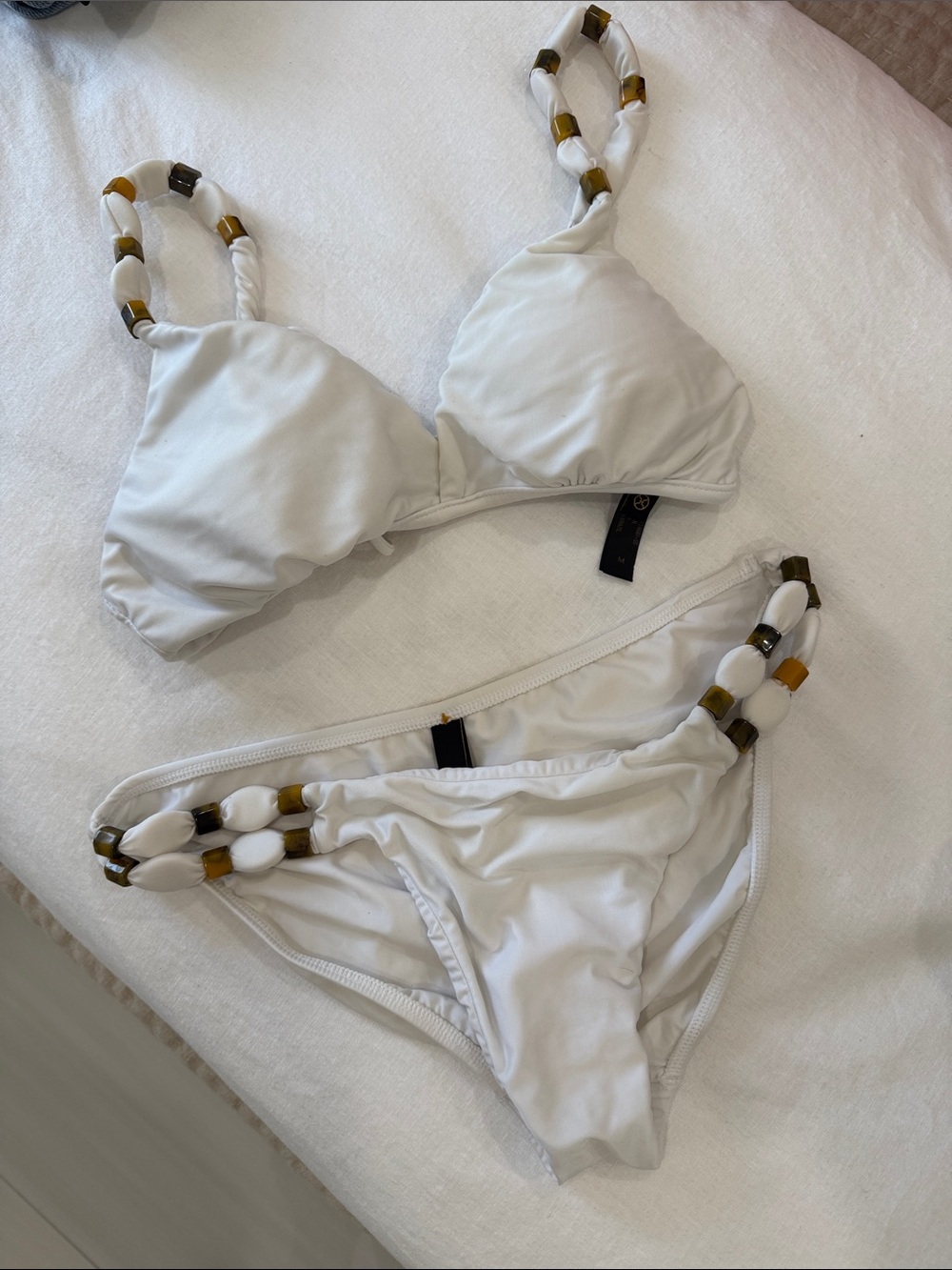 White Beaded-Strap Triangle Bikini Set